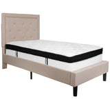 English Elm Twin Size Tufted Upholstered Platform Bed in Fabric with Memory Foam Mattress