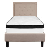 English Elm Twin Size Tufted Upholstered Platform Bed in Fabric with Memory Foam Mattress