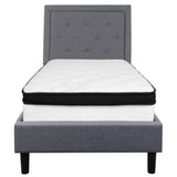 English Elm Twin Size Tufted Upholstered Platform Bed in Fabric with Memory Foam Mattress