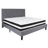 English Elm King Size Tufted Upholstered Platform Bed in Fabric with Pocket Spring Mattress