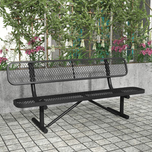 English Elm Commercial Grade 6' Outdoor Bench with Backrest, Commercial Grade Expanded Metal Mesh Seat and Backrest and Steel Frame