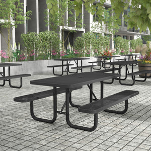 English Elm Commercial Grade a 6' Rectangular Outdoor Picnic Table with Commercial Heavy Gauge Expanded Metal Mesh Top and Seats and Steel Frame