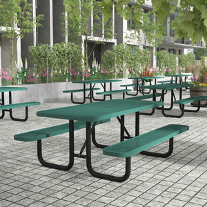 English Elm Commercial Grade a 6' Rectangular Outdoor Picnic Table with Commercial Heavy Gauge Expanded Metal Mesh Top and Seats and Black Steel Frame