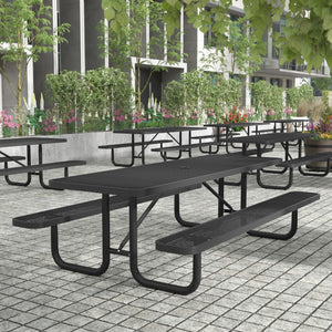 English Elm Commercial Grade a 8' Rectangular Outdoor Picnic Table with Commercial Heavy Gauge Expanded Metal Mesh Top and Seats and Steel Frame