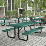 English Elm Commercial Grade a 8' Rectangular Outdoor Picnic Table with Commercial Heavy Gauge Expanded Metal Mesh Top and Seats and Black Steel Frame