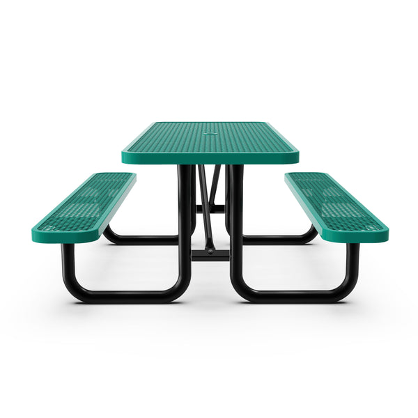 English Elm Commercial Grade 6' Rectangular Outdoor Picnic Table with Commercial Heavy Gauge Expanded Metal Mesh Top and Seats and Black Steel Frame with Anchors