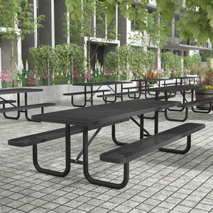 English Elm Commercial Grade 8' Rectangular Outdoor Picnic Table with Commercial Heavy Gauge Expanded Metal Mesh Top and Seats and Steel Frame in with Anchors