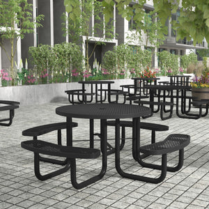 English Elm Commercial Grade 46" Round Outdoor Picnic Table with Commercial Heavy Gauge Expanded Metal Mesh Seats and Top with Umbrella Hole, Steel Frame