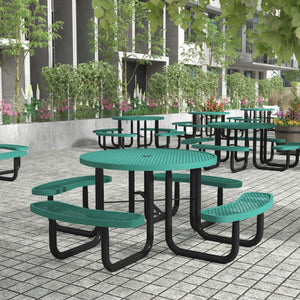 English Elm Commercial Grade 46" Round Outdoor Picnic Table with Commercial Grade Heavy Gauge Expanded Metal Mesh Top and Seats and Black Steel Frame