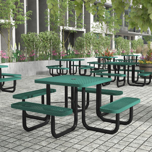 English Elm Commercial Grade 46" Square Outdoor Picnic Table with Commercial Grade Heavy Gauge Expanded Metal Mesh Top and Seats and Black Steel Frame