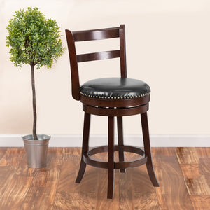 English Elm 26'' High Wood Counter Height Stool with Single Slat Ladder Back and LeatherSoft Swivel Seat