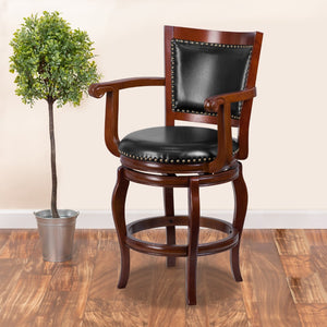 English Elm 26'' High Wood Counter Height Stool with Arms, Panel Back and LeatherSoft Swivel Seat