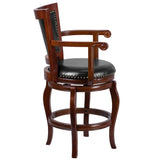 English Elm 26'' High Wood Counter Height Stool with Arms, Panel Back and LeatherSoft Swivel Seat