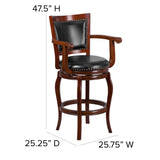 English Elm 30'' High Wood Barstool with Arms, Panel Back and LeatherSoft Swivel Seat