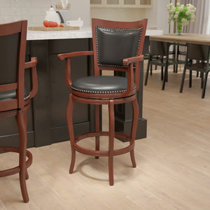 English Elm 30'' High Wood Barstool with Arms, Panel Back and LeatherSoft Swivel Seat