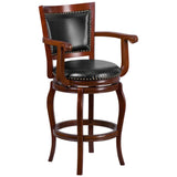 English Elm 30'' High Wood Barstool with Arms, Panel Back and LeatherSoft Swivel Seat