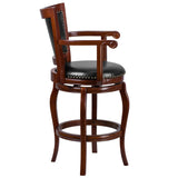 English Elm 30'' High Wood Barstool with Arms, Panel Back and LeatherSoft Swivel Seat