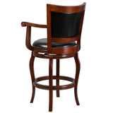 English Elm 30'' High Wood Barstool with Arms, Panel Back and LeatherSoft Swivel Seat