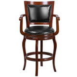 English Elm 30'' High Wood Barstool with Arms, Panel Back and LeatherSoft Swivel Seat