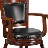 English Elm 30'' High Wood Barstool with Arms, Panel Back and LeatherSoft Swivel Seat