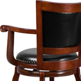 English Elm 30'' High Wood Barstool with Arms, Panel Back and LeatherSoft Swivel Seat