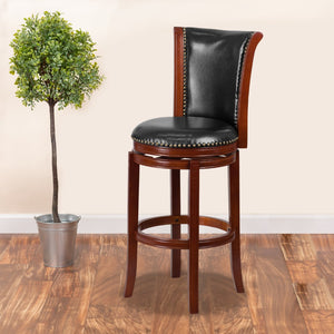 English Elm 30'' High Wood Barstool with Panel Back and LeatherSoft Swivel Seat