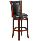 English Elm 30'' High Wood Barstool with Panel Back and LeatherSoft Swivel Seat