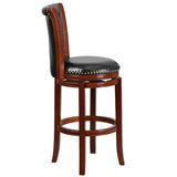 English Elm 30'' High Wood Barstool with Panel Back and LeatherSoft Swivel Seat