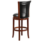 English Elm 30'' High Wood Barstool with Panel Back and LeatherSoft Swivel Seat