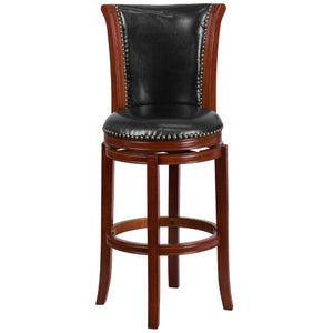 English Elm 30'' High Wood Barstool with Panel Back and LeatherSoft Swivel Seat