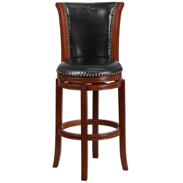 English Elm 30'' High Wood Barstool with Panel Back and LeatherSoft Swivel Seat