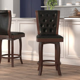 English Elm 30'' High Wood Barstool with Button Tufted Back and LeatherSoft Swivel Seat