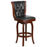 English Elm 30'' High Wood Barstool with Button Tufted Back and LeatherSoft Swivel Seat