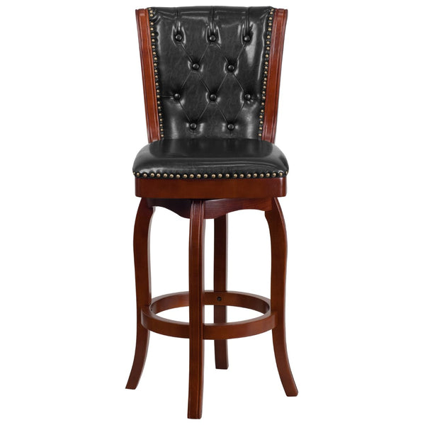 English Elm 30'' High Wood Barstool with Button Tufted Back and LeatherSoft Swivel Seat