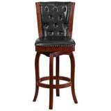 English Elm 30'' High Wood Barstool with Button Tufted Back and LeatherSoft Swivel Seat