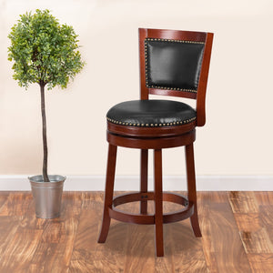 English Elm 26'' High Wood Counter Height Stool with Open Panel Back and Walnut LeatherSoft Swivel Seat