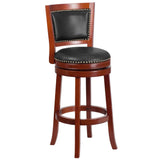 English Elm 30'' High Wood Barstool with Open Panel Back and Walnut LeatherSoft Swivel Seat