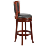 English Elm 30'' High Wood Barstool with Open Panel Back and Walnut LeatherSoft Swivel Seat