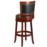 English Elm 30'' High Wood Barstool with Open Panel Back and Walnut LeatherSoft Swivel Seat