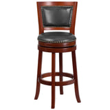 English Elm 30'' High Wood Barstool with Open Panel Back and Walnut LeatherSoft Swivel Seat