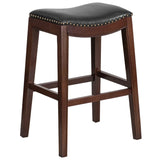 English Elm 30'' High Backless Wood Barstool with LeatherSoft Saddle Seat