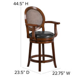 English Elm 26'' High Wood Counter Height Stool with Arms, Woven Rattan Back and LeatherSoft Swivel Seat