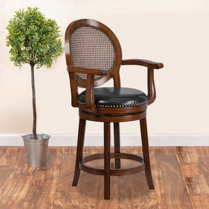 English Elm 26'' High Wood Counter Height Stool with Arms, Woven Rattan Back and LeatherSoft Swivel Seat