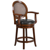 English Elm 26'' High Wood Counter Height Stool with Arms, Woven Rattan Back and LeatherSoft Swivel Seat