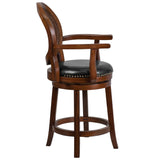 English Elm 26'' High Wood Counter Height Stool with Arms, Woven Rattan Back and LeatherSoft Swivel Seat