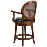 English Elm 26'' High Wood Counter Height Stool with Arms, Woven Rattan Back and LeatherSoft Swivel Seat