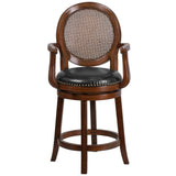 English Elm 26'' High Wood Counter Height Stool with Arms, Woven Rattan Back and LeatherSoft Swivel Seat