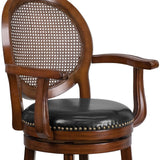 English Elm 26'' High Wood Counter Height Stool with Arms, Woven Rattan Back and LeatherSoft Swivel Seat