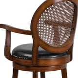 English Elm 26'' High Wood Counter Height Stool with Arms, Woven Rattan Back and LeatherSoft Swivel Seat