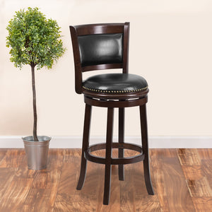 English Elm 29'' High Wood Barstool with Panel Back and LeatherSoft Swivel Seat